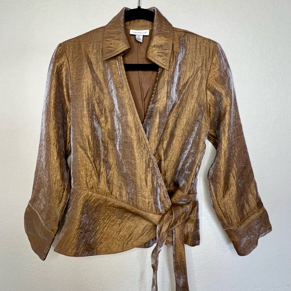 Coldwater Creek Gold / Bronze Metallic Shimmer Wrap Side Tie Peplum Top Blouse - Picture 1 of 9